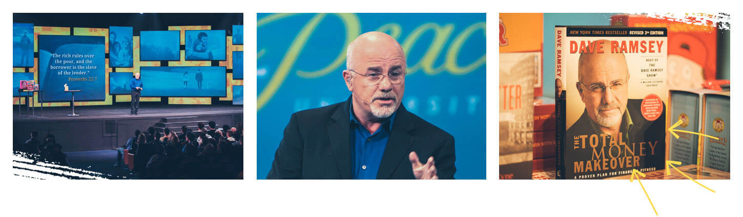 Photos of Dave teaching Financial Peace University and his book The Total Money Makeover