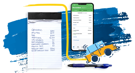 A written list of monthly expenses compared to the EveryDollar app