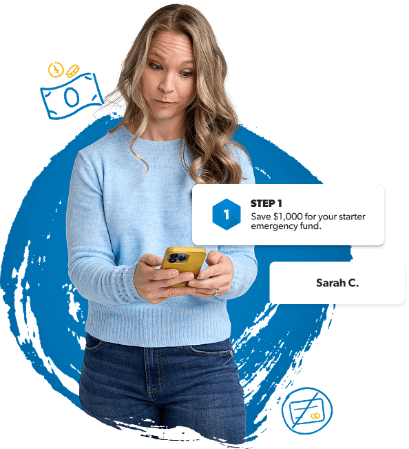 Woman looks at phone, realizing it’s time to take control and save $1,000 for her emergency fund.