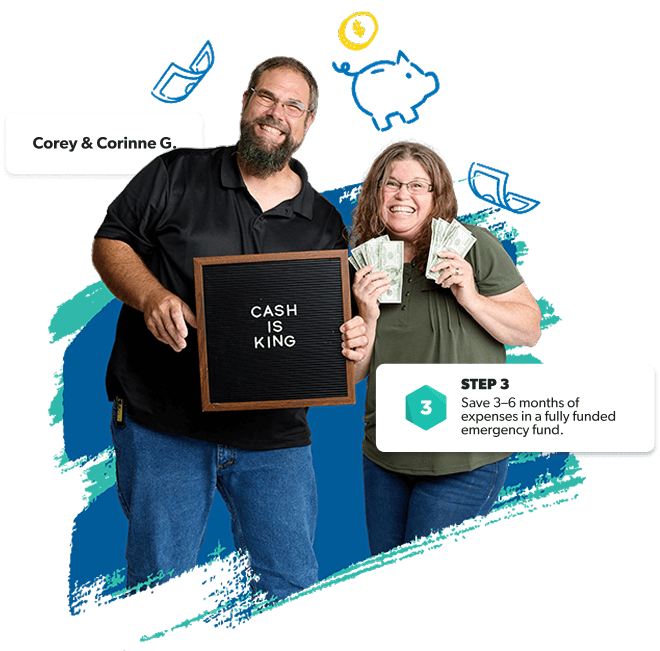 Big smiles, big cash, and a sign that says it all—Cash is king! These two just crushed Baby Step 3.