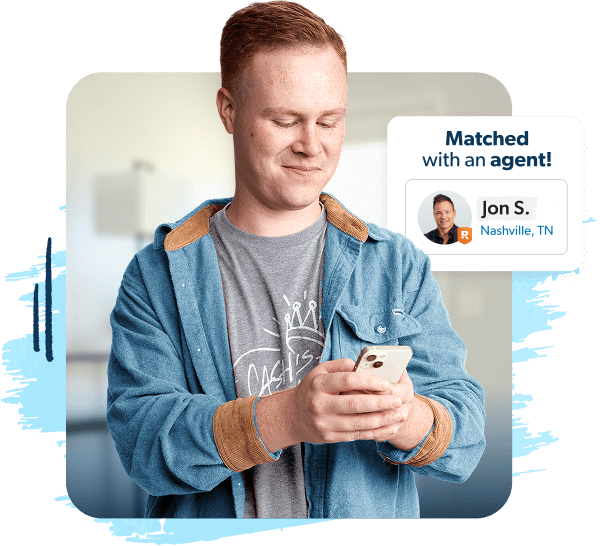 Man holding a phone with graphics showing he matched with an agent