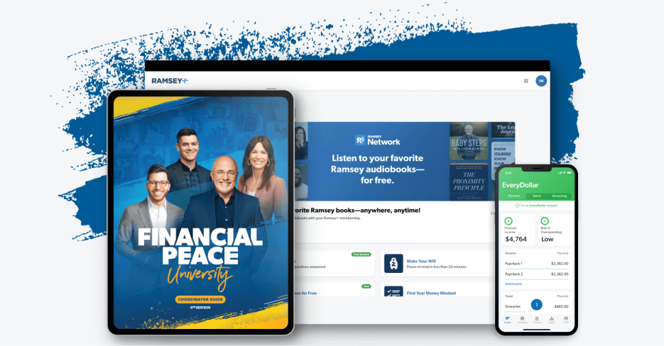 Financial Peace University displayed on an ipad, a laptop dashboard and an EveryDollar budget on an iphone