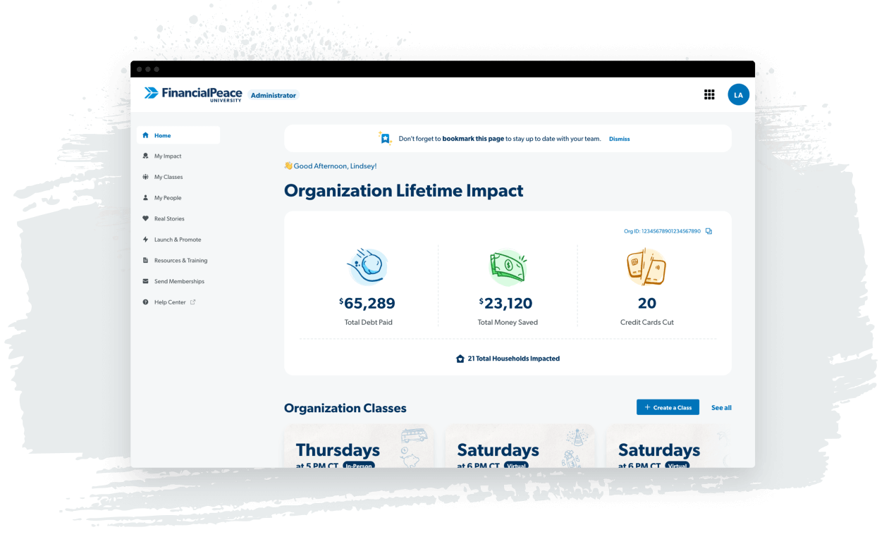 Preview of the Financial Peace University Coordinator Dashboard organization impact screen with recap of church financial turnaround numbers