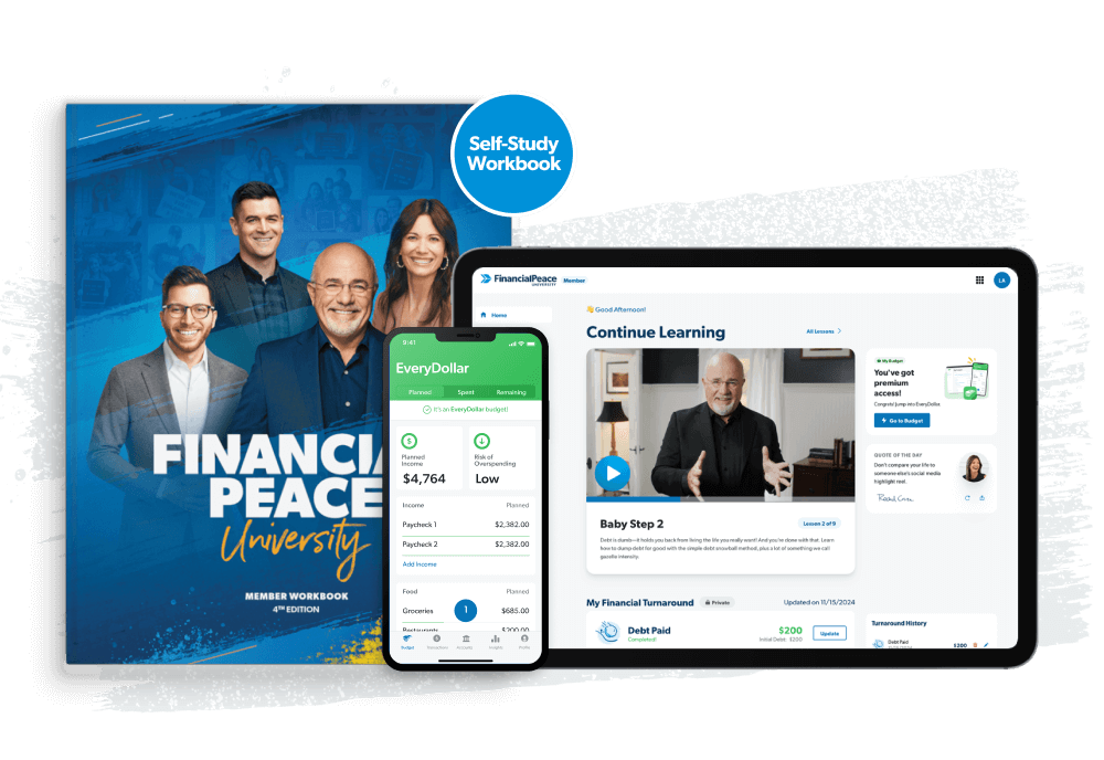 Get Financial Peace University for $99—includes a digital membership, three months of EveryDollar, and a Self-Study Workbook