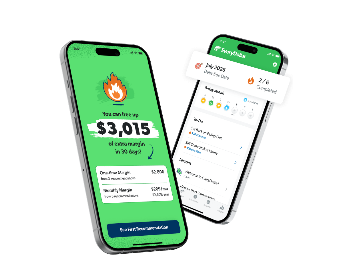 Two phones showing EveryDollar budget app screens saying, “You can free up $3,015 in 30 days,” and the other shows a debt-free tracker and to-do list.