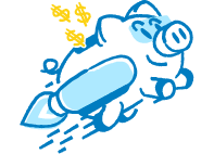 An illustration of a pig with a rocket on its back