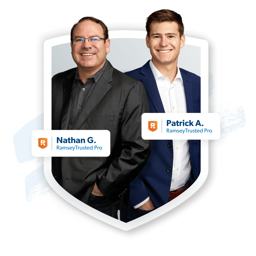 Patrick and Nathan, smiling RamseyTrusted insurance pros, standing back to back.
