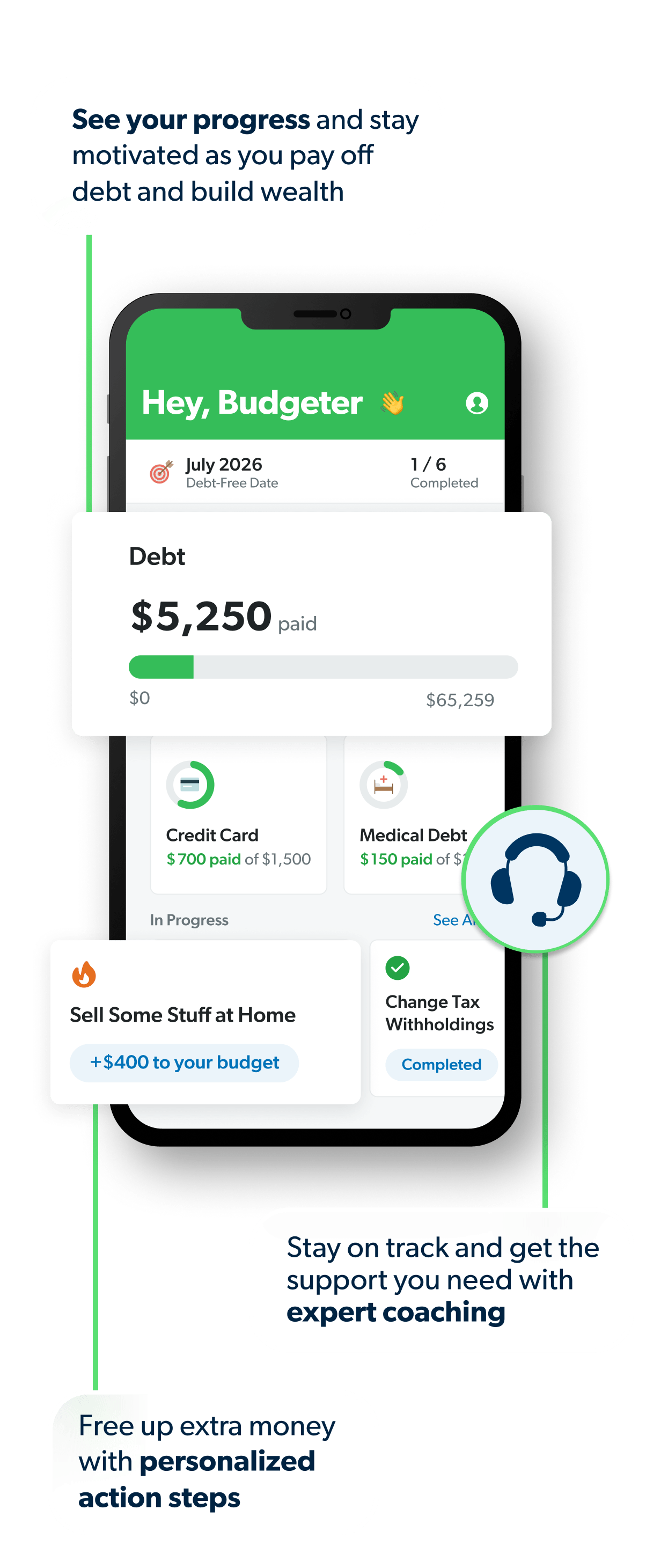 Phone showing EveryDollar app screen with debt progress, action steps, and coaching tips to help users stay on track and build wealth.