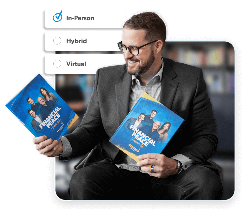 Pastor holding FPU workbooks with the FPU class selection screen of virtual, in person or hybrid